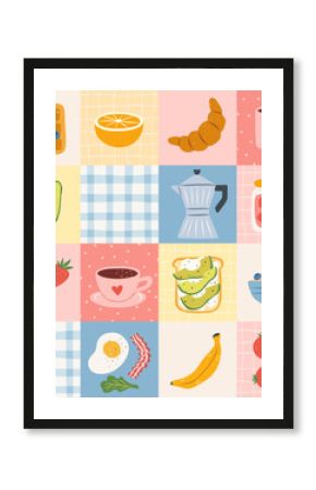Cute checkered seamless pattern with breakfast products. Hand drawn coffee fried egg, croissant, milk, avocado, tomato. Decorative gingham background, quilt pattern. Vector mosaic ornament.