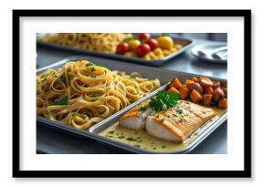 Close-up of hot pasta and baked fish dishes