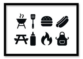 Outdoor barbecue solid icons set – filled style bbq, grilling, and picnic symbols for summer cooking: grill, spatula, burger, hotdog, picnic table, ketchup, fire, apron.
