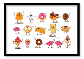 Bakery, sweets and desserts groovy characters. Vector set of cartoon donut, cake, wafer and cookie. Meringue, pretzel, ice cream and cupcake, croissant, macaroon and muffin pastries treat personages