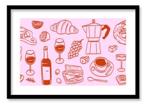 Hand drawn crayon italian food illustration. Doodle ink line style breakfast, lunch, dinner icons. Vector of wine glass, croissant, spaghetti and pizza Illustrations for invitations, menus and parties