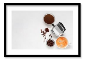 Cup of coffee with powder, beans and geyser coffee maker on white background