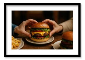 Delicious cheeseburger shared joyfully.