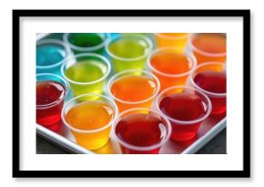 Tray of various flavored jello shots. Colorful dessert, mixed fruit flavors like strawberry, blueberry. Refreshing, tasty, jiggly gelatin sweets for party, celebration. Close-up shot.