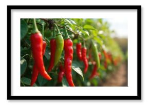 Red chili peppers growing in field. Fresh ripe chili harvest, organic farming. Spicy vegetable, food ingredient. Agriculture farm, summer season, healthy plant, nobody, vegetarian food.