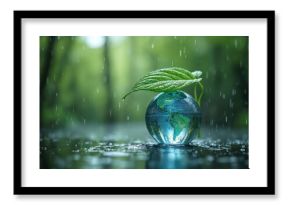 Concept of World Water Day. Transparent glass globe with continents in raindrops. Green leaf protects from rain. Eco-friendly background. Environmental protection and ecology concept.