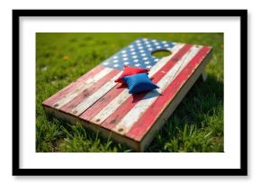 Cornhole game with American flag design. Red and blue bean bags on the wooden board. Green grass background. Summer fun activity, outdoor recreation. Perfect for 4th July celebration, family time.