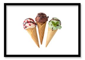 Three different ice creams covered with chocolate top view isolated on transparent background