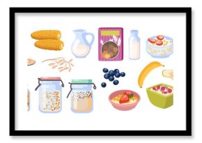 Oat cereal. Healthy food. Oatmeal in bowl. Breakfast grain, granola and porridge. Wheat in box. Jar of muesli with milk. Flake delicious meal. Cornflakes with berry and fruit. Vector cartoon icons set