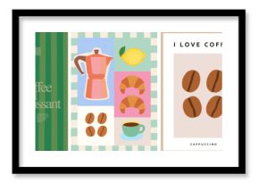 Coffee and cappuccino. Vector illustration of coffee pot, cappuccino or americano cup, croissant pastry, coffee beans, lemon for kitchen or cafe art poster, postage stamp, background or postcard