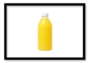 Collection of Yellow Juice Bottles in Various Shapes and Sizes on transparent Background Featuring Clear Plastic Containers with Lids and Bright Yellow Liquid