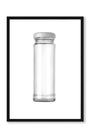Empty glass jar with white lid standing on white background