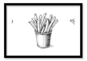 Modern illustration featuring hand-sketched french fries in a cup, depicted in black and white