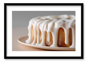 A white cake with a white glaze on top. The glaze is dripping down the sides of the cake