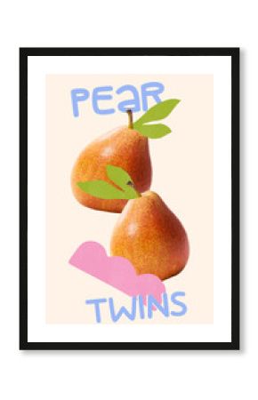 Creative artwork. Two fresh orange pears with green leaves above soft pink curve feel calm and balanced, celebrating natural sweetness. Concept of fruit harmony, natural and organic product, farming