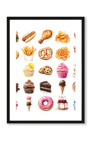 Collection of Watercolor Junk Food Items Isolated on a White Background