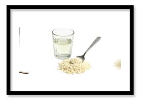 Hydrolyzed collagen protein powder in various stages with glass of water and spoon on transparent background showcasing multiple textures and forms of powder in separate compositions.