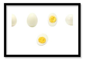 Assorted views of a boiled egg including whole egg and sliced versions, presented on a transparent dish with a clear background for isolation and emphasis on egg details.