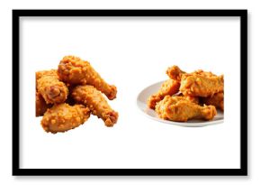 Fried chicken wings presented in two arrangements one in a pile and another on a white plate isolated on a transparent background with a crisp golden-brown texture