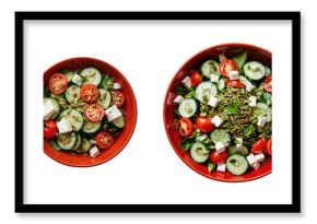 Organic vegetable salad featuring tomatoes, cucumbers, mixed greens, seeds, and feta cheese served in two red bowls against a transparent background with ample copy space.