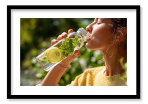 Woman enjoys refreshing lemon and mint water in a sunny garden during a warm afternoon