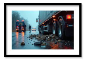 Semi-truck on road with emergency vehicles and personnel. Roadside incident, possible accident scene, hazardous materials spill. Wet asphalt, stones. Foggy weather.