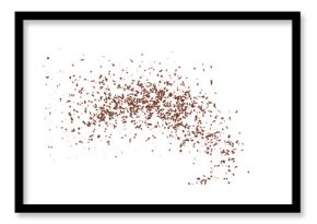Pile grated, chopped, dark chocolate flying, isolated on white, top view 