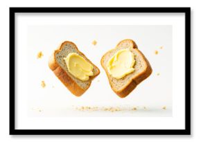 Two slices of buttered bread floating with crumbs on a clean white background for food advertising and breakfast promotion concepts.