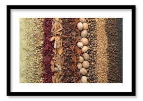 Many different spices as background, top view