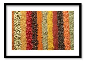 Many different spices as background, top view