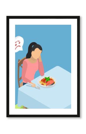 3D Isometric Flat Vector Illustration of Bored Eating, Woman Struggles With Eating Disorder And Lack Of Appetite, Staring At Plate Of Spaghetti