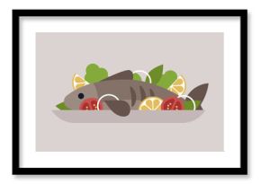 A side view showcases fish artistically arranged with slices of lemons, red tomatoes, onion rings, and leaves, all served on a plate