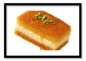 Delicious piece of traditional Middle Eastern kunafa dessert topped with chopped pistachios and drizzled with syrup on transparent background.