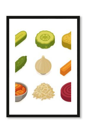 Isometric Pickle Icon Set. Isometric Flat icon set of pickle varieties: dill pickle spear, sweet pickle slice, bread-and-butter