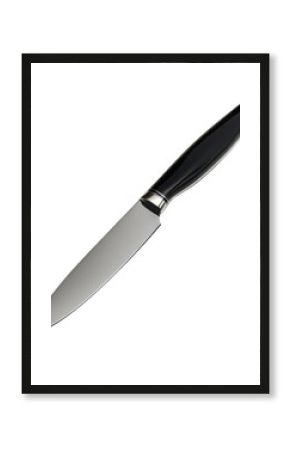 Sharp kitchen knife with a black handle on a white background for culinary preparation tasks