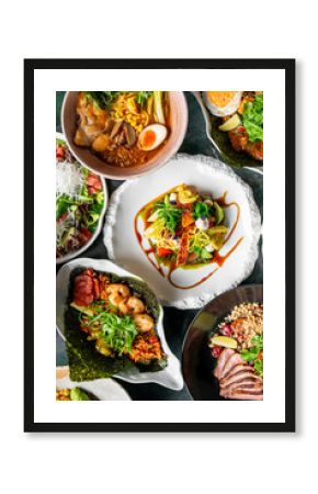 A vibrant assortment of gourmet dishes including fresh salads, ramen, seafood, and meat, beautifully plated with colorful ingredients, showcasing culinary artistry and appetizing presentation