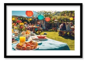 The vibrant garden party with delicious food and joyful gatherings.