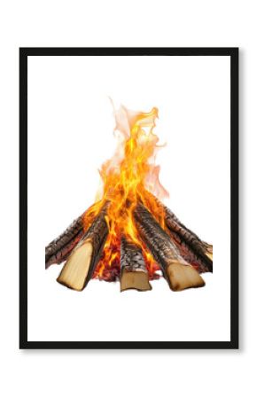 Campsite fire burns brightly with logs and flames at night