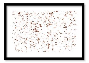 Pile grated, chopped, dark chocolate flying, isolated on white, top view 