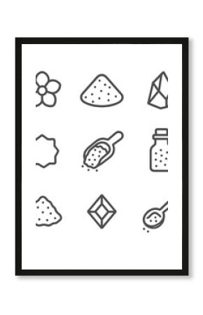 Gourmet Salt Icon Set. Outline icon set of gourmet salt varieties: fleur de sel flower, Himalayan pink mound, black lava shard,