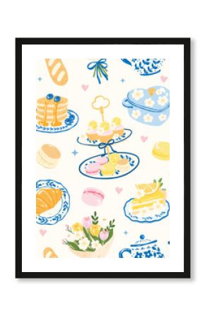 Elegant Afternoon Tea Seamless Pattern, Kawaii Bakery Digital Paper with Cupcakes, Macarons, Pancakes, Lemon Cake and Tea Set