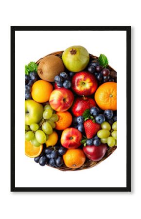 Wicker basket with different fruits on white background, top view with clipping path