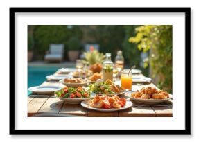 Outdoor meal table setting. Food dishes served for lunch, brunch, dinner at patio. Garden, pool background. Gathering with home cooking for weekend celebration.