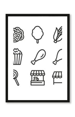 Festival Street Food Icons. Outline icon set of festival and fair street food: funnel cake, cotton candy, corn on the cob, kettle