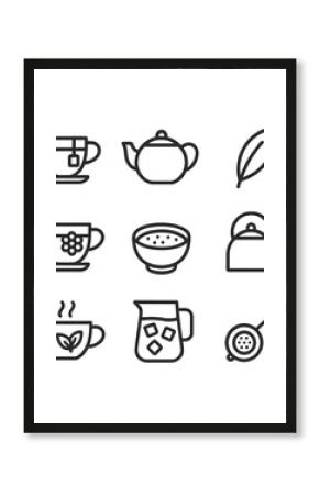 Tea Variety Icons. Outline icon set of tea varieties: green tea cup, black tea pot, oolong leaf, chamomile teacup, matcha bowl,