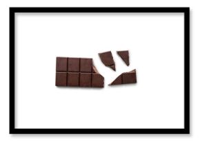Broken organic dark chocolate bar isolated on a transparent background with shadow from above, top view, png
