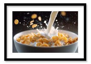 Pouring milk over golden cornflakes in a white bowl creates an inviting breakfast moment in a cozy kitchen