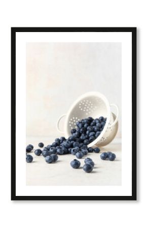 Colander with fresh blueberries on white background