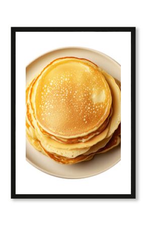 Fluffy stack of golden pancakes served on a beige ceramic plate, isolated on white transparent background