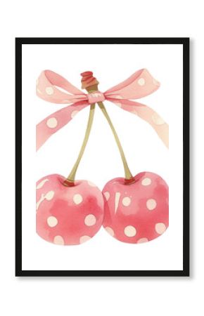 PNG Coquette polka dot cherry cherries illustration watercolor.